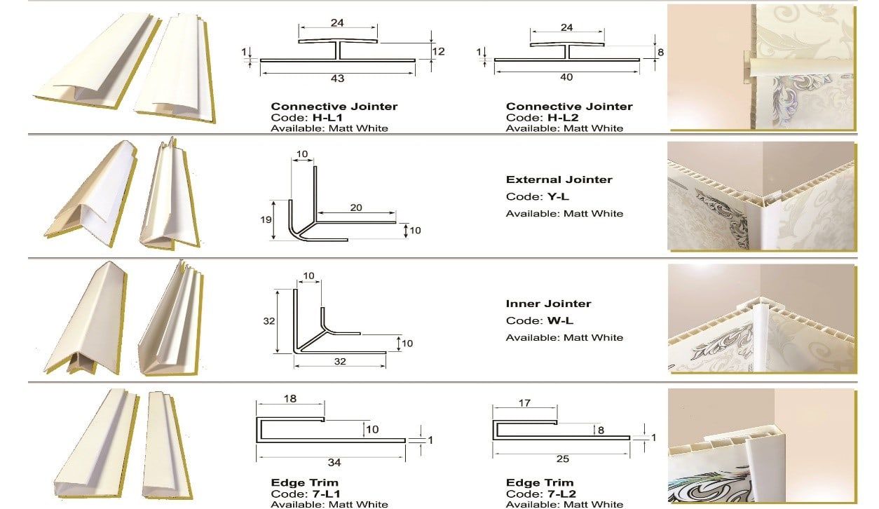PVC connective jointers, internal and external jointers and edge trims