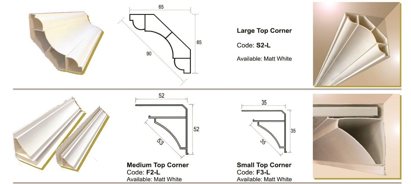 PVC cornice profiles in small, medium and large sizes