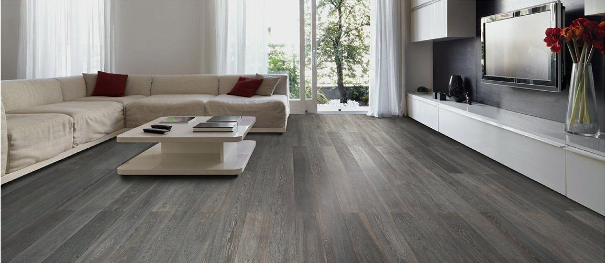 Grey wood-look SPC flooring in a modern living room